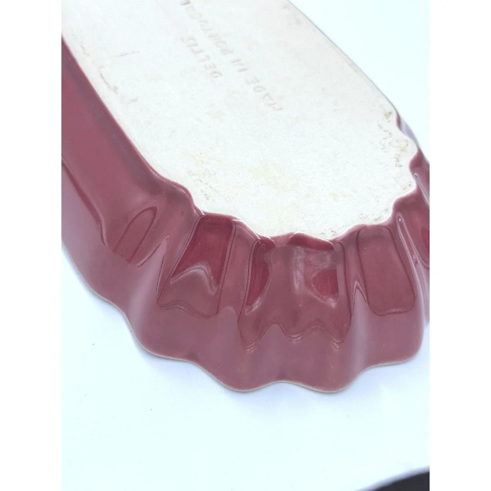 Deltis Stoneware Burgundy Red Scalloped Glazed Oval Serving Bowl Dish Portugal